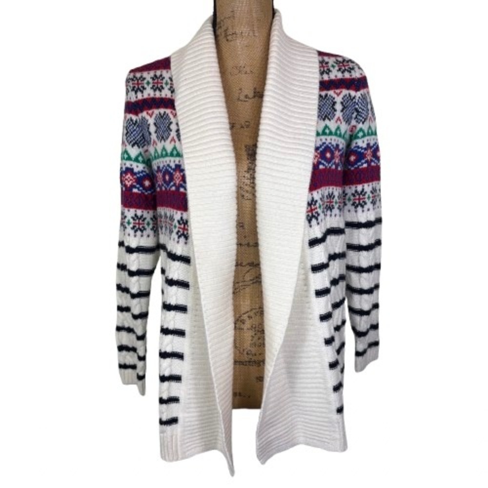 Talbots Petite Cardigan Sweater Fair Isle Striped Cable Knit Shawl Collar Size P